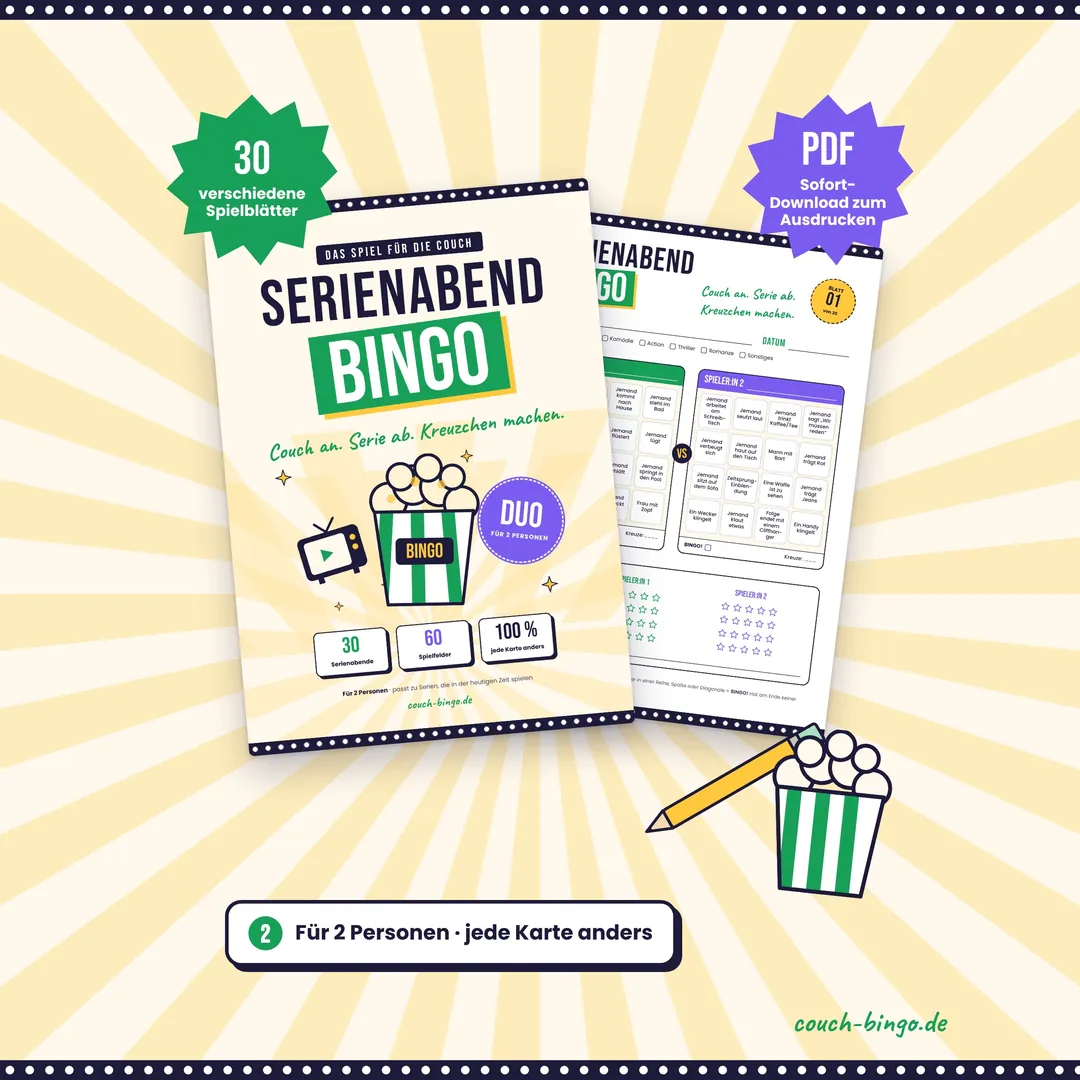 Serienabend-Bingo: Titelblatt und Spielblatt